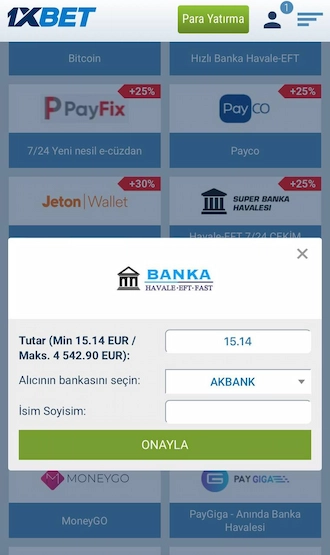 Banka transferi - Para yatırma 1XBET