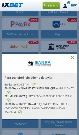 Banka transferi - Para yatırma 1XBET